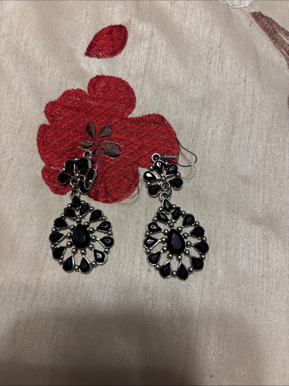 paparazzi Black Floral Teardrop Dangle Earrings with Silver Accents